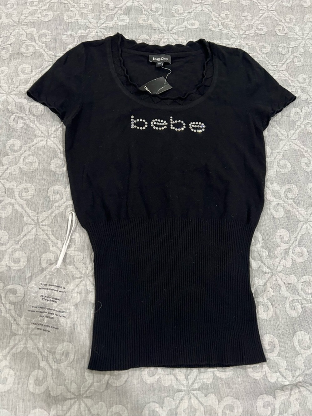 bebe Black Short Sleeve Rhinestone Logo Slim Knit Top